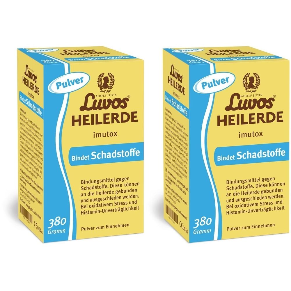 Zwei gelbe Kartons mit "Luvos Heilerde imutox" Aufschrift. Blaue und weiße Schrift. 380 Gramm. Pulver zum Einnehmen.