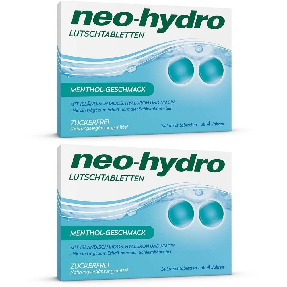 Zwei Schachteln neo-hydro Lutschtabletten. Aufschrift: Menthol-Geschmack, zuckerfrei. Enthält 24 Tabletten. Ab 4 Jahren.