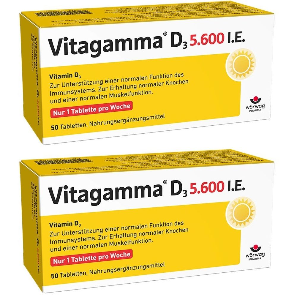 Zwei Packungen Vitagamma D3 5.600 I.E. mit gelbem Hintergrund. Aufschrift: Vitamin D3, 50 Tabletten, Nahrungsergänzungsmittel.