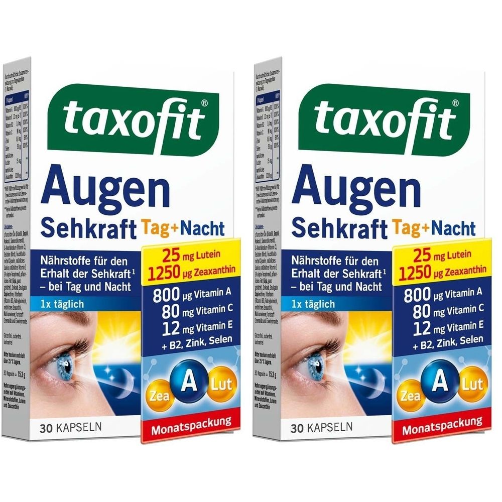 Zwei Schachteln taxofit® Augen Sehkraft Tag+Nacht. Weiße Verpackung mit grünem Logo und Produktinformationen. Enthält Kapseln.