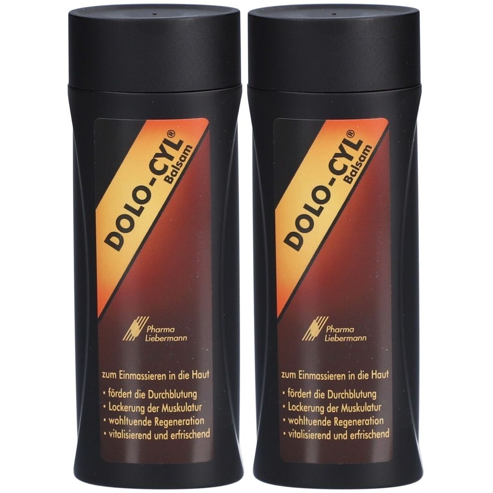 Zwei schwarze Flaschen mit schwarzem Deckel. Auf jeder Flasche steht "DOLO-CYL Balsam". Aufkleber mit braunem Hintergrund und weißer Schrift.