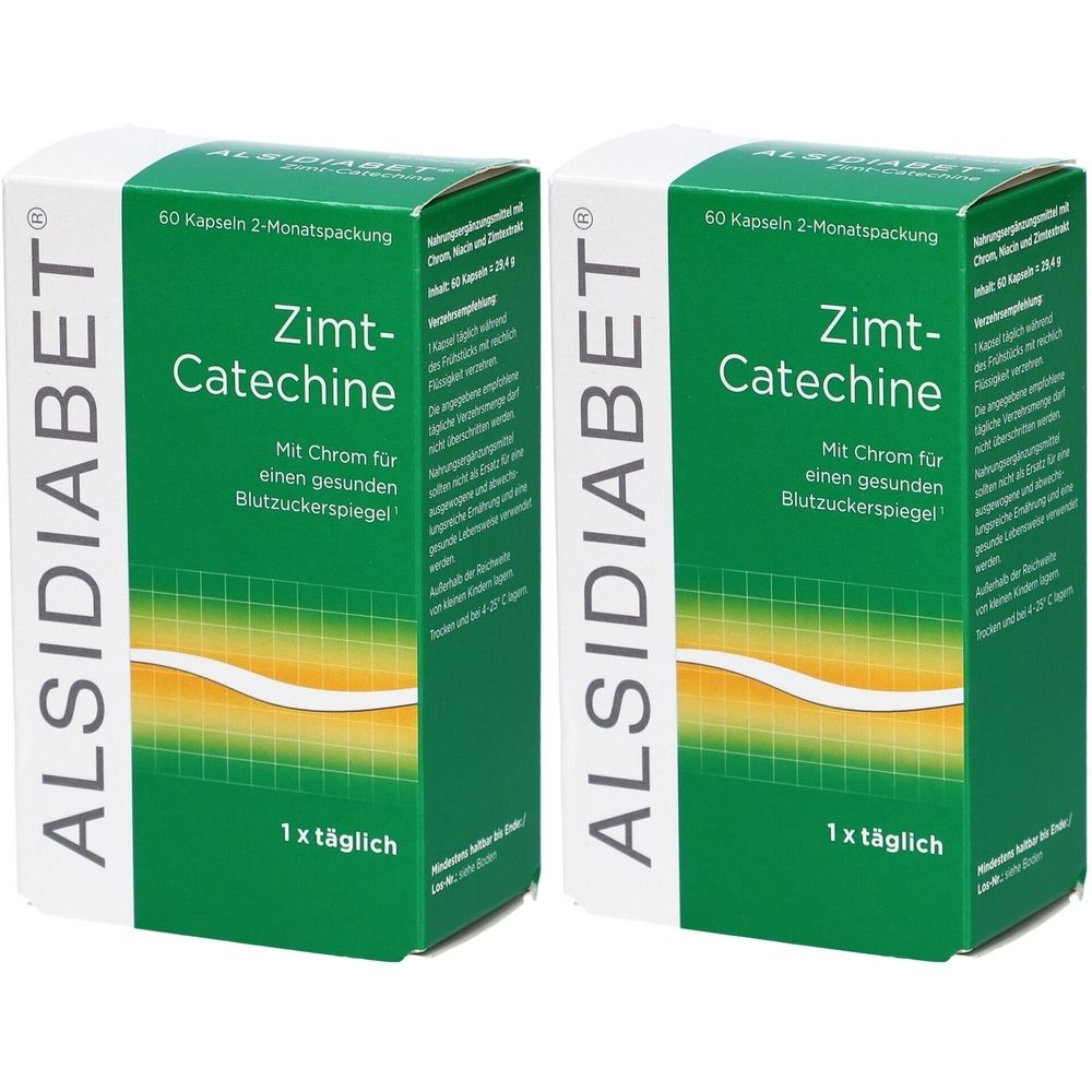 Zwei grüne und weiße Schachteln mit ALSIDIABET und Zimt-Catechine-Aufdruck. Enthält 60 Kapseln. Mit Chrom für Blutzuckerspiegel.