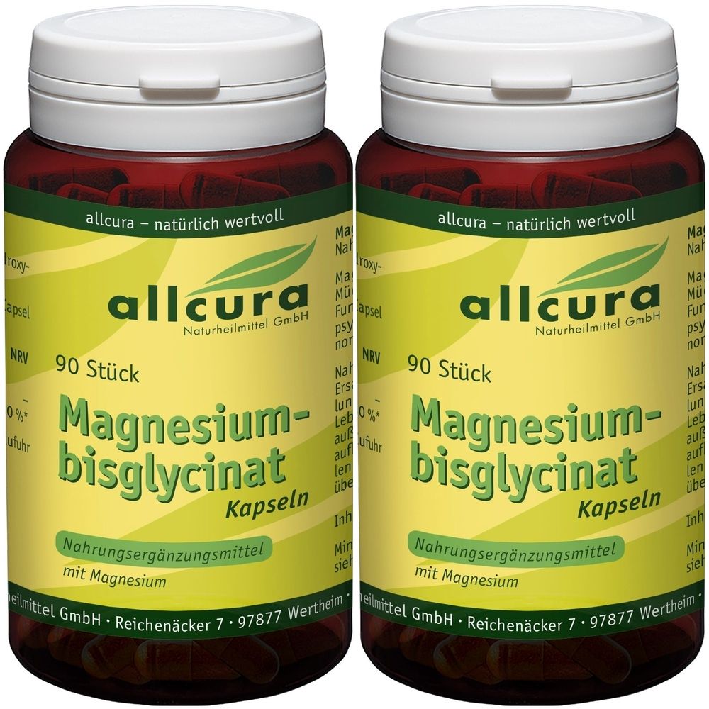 Zwei Flaschen mit Kapseln. Aufschrift: allcura Magnesiumbisglycinat Kapseln, 90 Stück. Nahrungsergänzungsmittel mit Magnesium.
