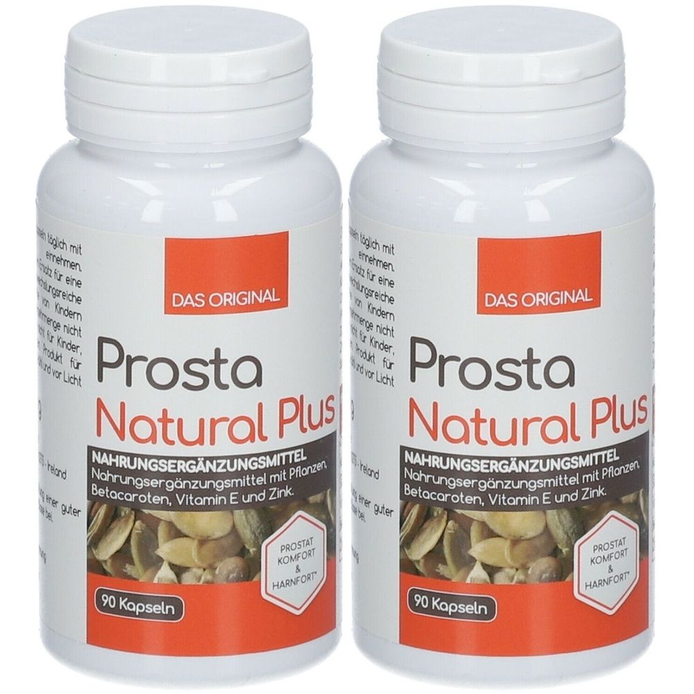 Zwei weiße Flaschen mit Kapseln. Aufschrift: Prosta Natural Plus, Nahrungsergänzungsmittel. Enthält Betacarotin, Vitamin E und Zink. 90 Kapseln.