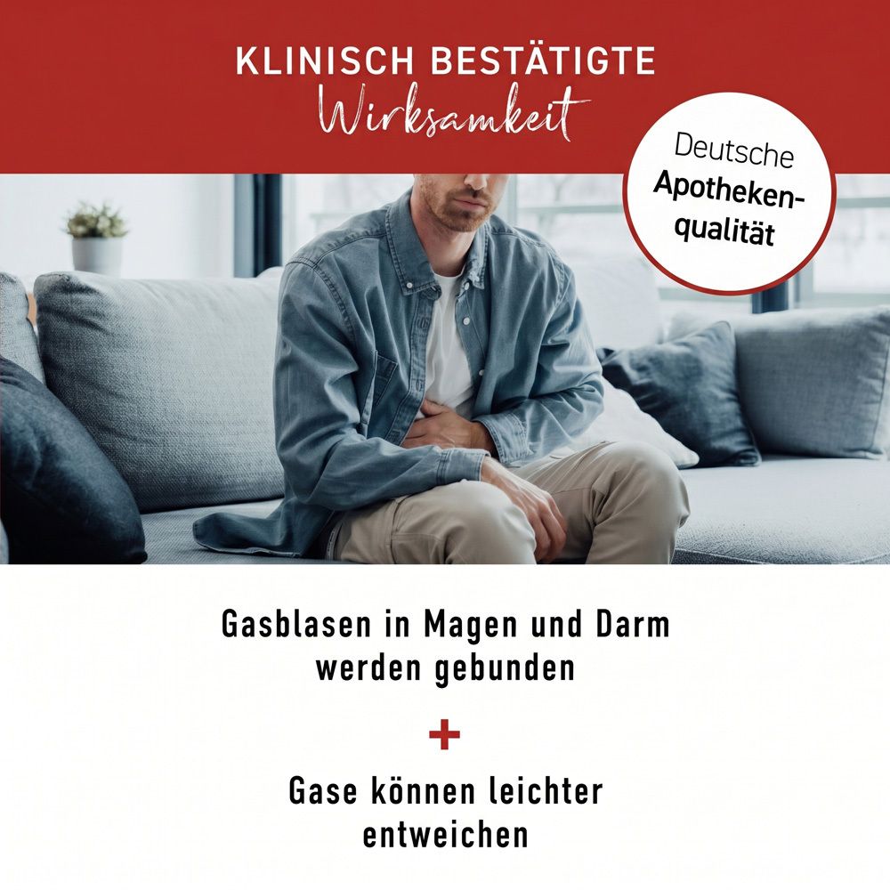 Mann mit Bauchschmerzen, N1 Kapseln binden Gasblasen im Magen und Darm.