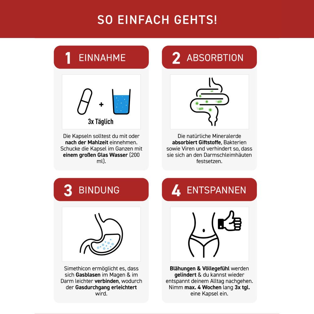 Vier Schritte zur Einnahme und Wirkung von N1 Blähungen & Völlegefühl Kapseln.