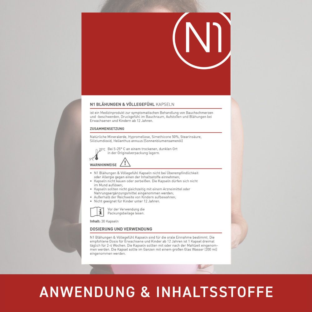 Rückseite einer Packung N1 Blähungen & Völlegefühl Kapseln mit Anwendungsinformationen.