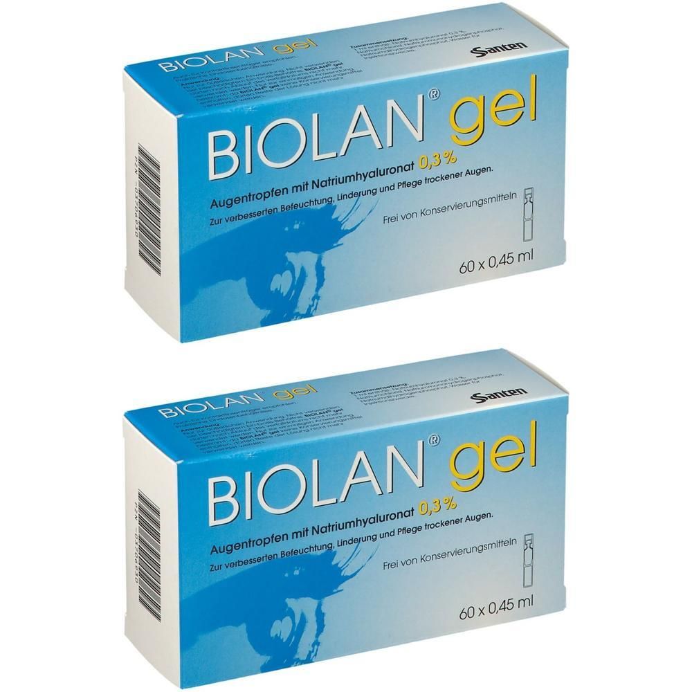 Zwei Packungen BIOLAN® gel Augentropfen mit Natriumhyaluronat 0,3%. Frei von Konservierungsmitteln.