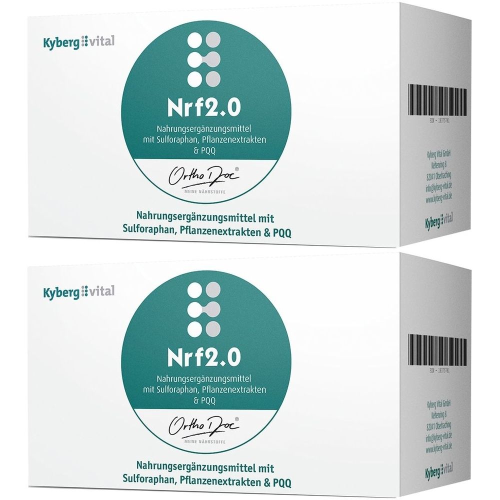 Zwei weiße Kartons mit der Aufschrift Nrf2.0, Kyberg #vital und Ortho Doe. Text: Nahrungsergänzungsmittel mit Sulforaphan, Pflanzenextrakten & PQQ.