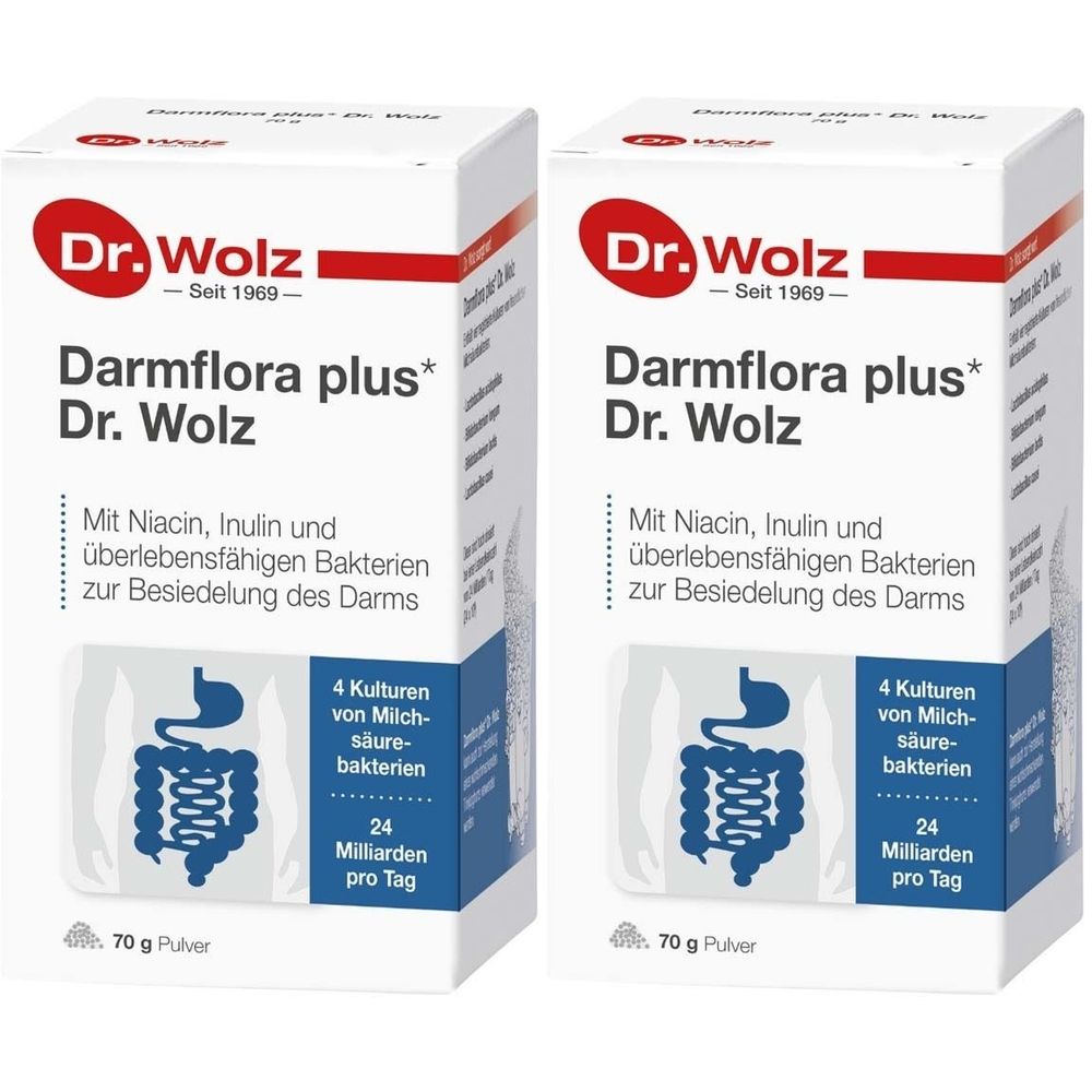 Zwei weiße Kartons mit Produktaufdruck. Aufschrift: Darmflora plus* Dr. Wolz. Enthält Bakterien, Inulin und Niacin.