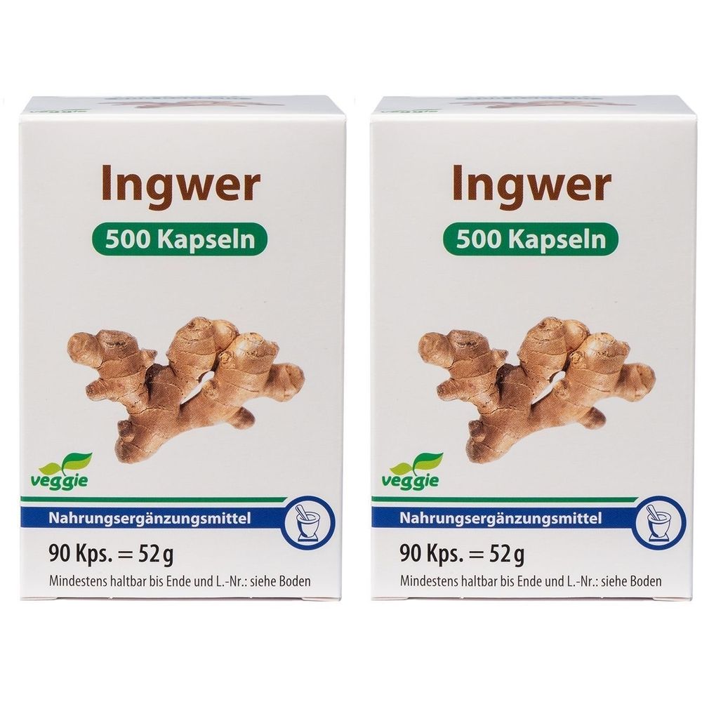 Zwei weiße Kartons mit Ingwer-Abbildung. Aufschrift: Ingwer, 500 Kapseln, veggie. Zusatz: Nahrungsergänzungsmittel, 90 Kps. = 52 g.