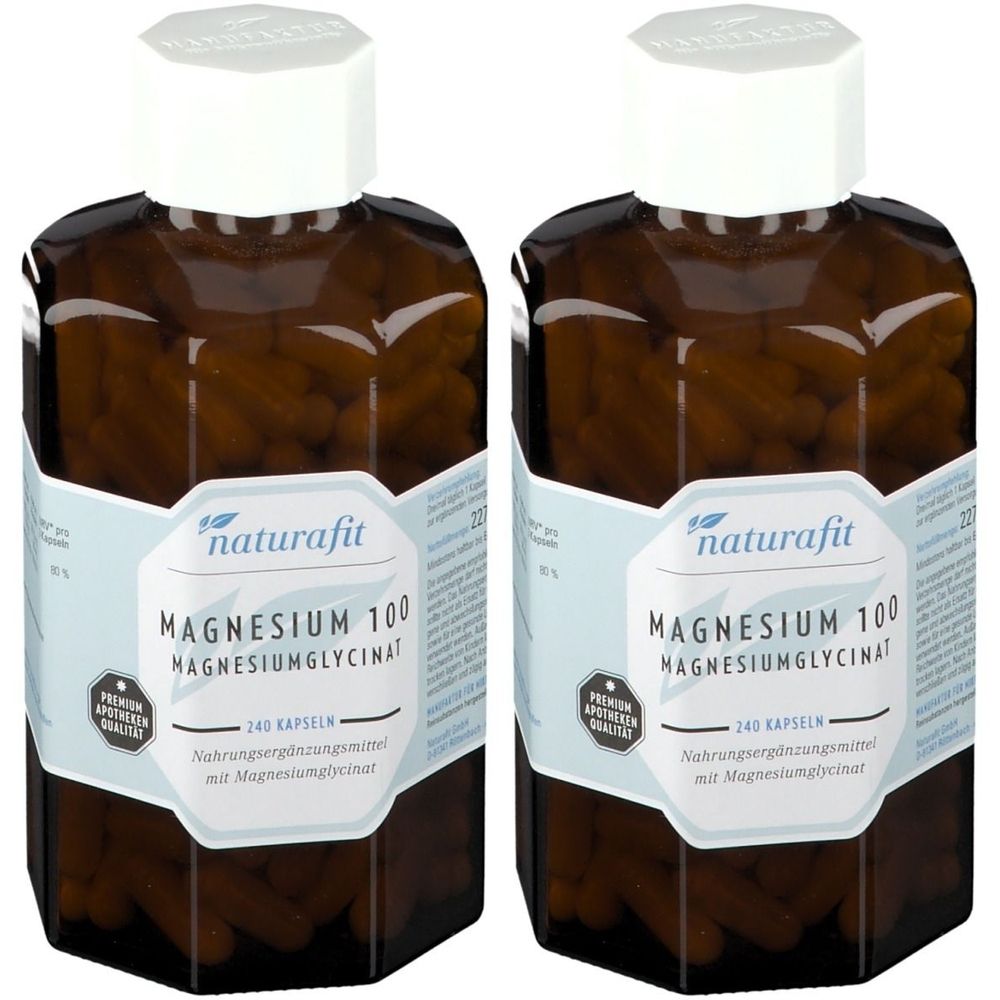 Zwei Flaschen naturafit Magnesium 100. Braune Flaschen mit weißen Deckeln und Etiketten. Aufschrift: Magnesiumglycinat, 240 Kapseln.
