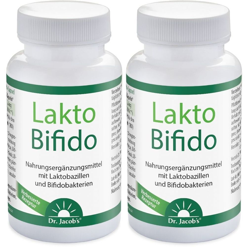 Zwei weiße Flaschen mit grünen Etiketten. Aufschrift: Lakto Bifido, Nahrungsergänzungsmittel mit Laktobazillen und Bifidobakterien. Dr. Jacob's.