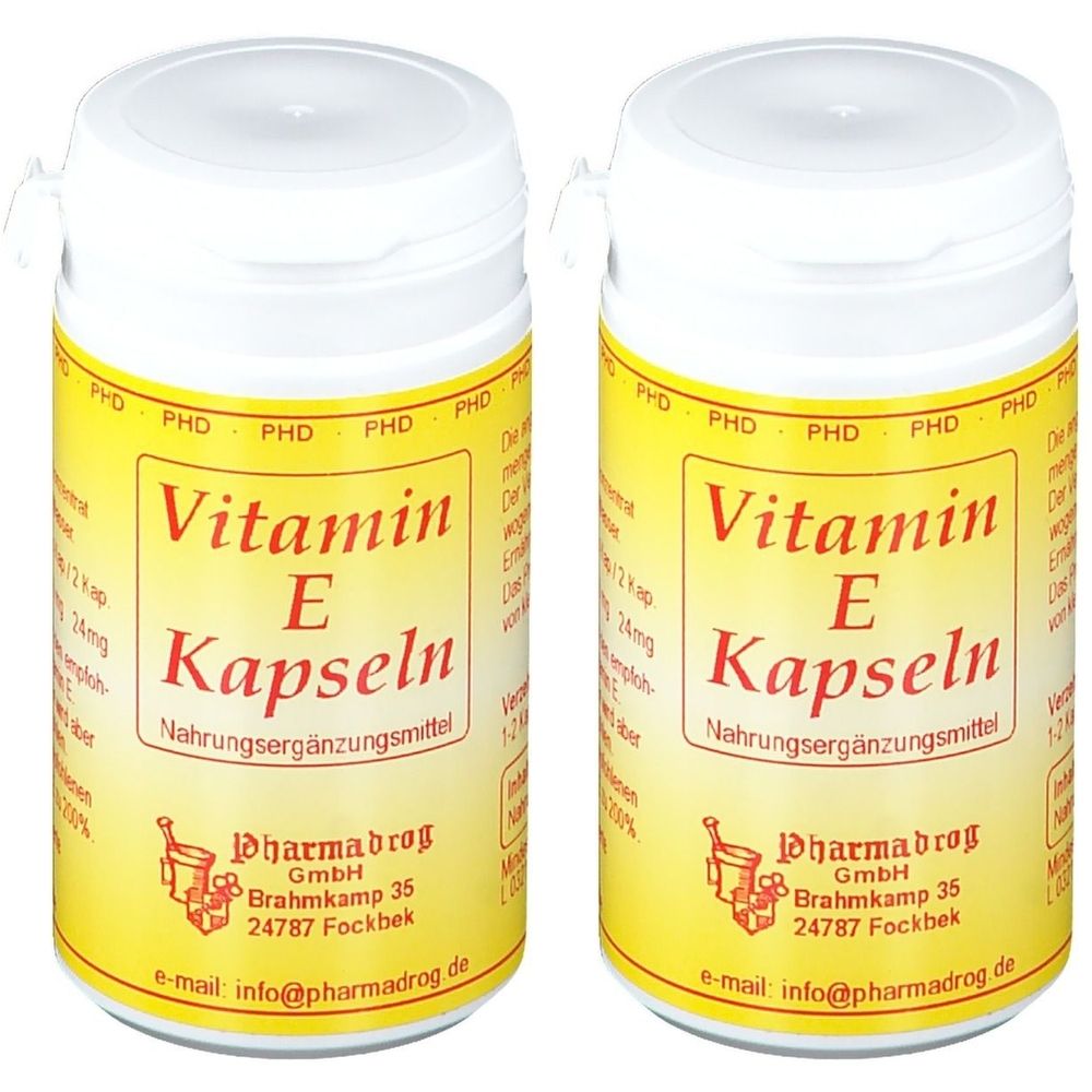 Zwei Flaschen mit gelben Etiketten. Aufschrift: Vitamin E Kapseln, Nahrungsergänzungsmittel. Marke: Pharmadrog.
