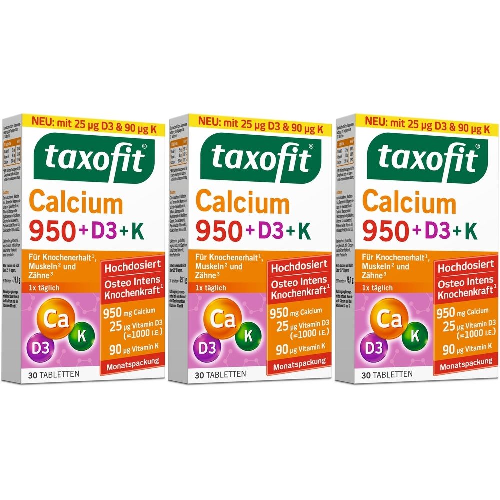 Drei Schachteln taxofit Calcium 950+D3+K. Weiße Verpackung mit grüner und oranger Schrift. Enthält 30 Tabletten.