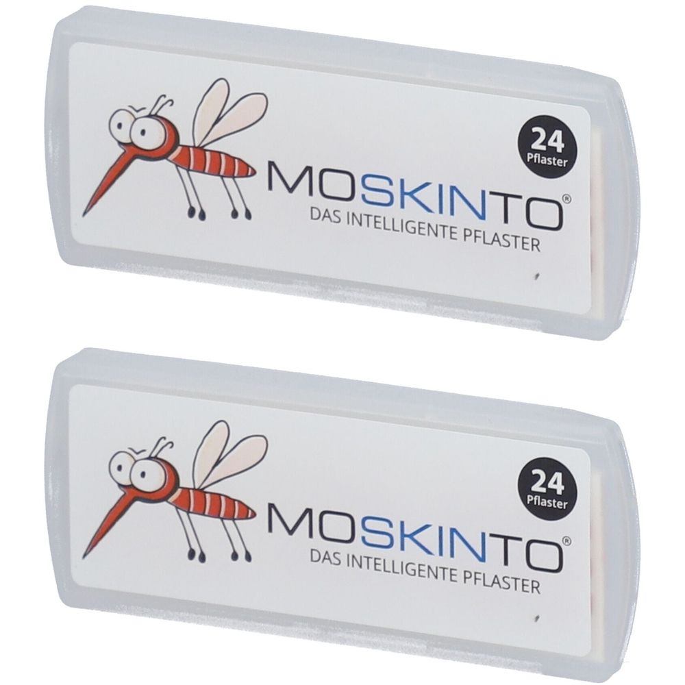 Zwei transparente Kunststoffboxen. Aufdruck mit Insekt, Schriftzug MOSKINTO und 24 Pflaster. Text: Das intelligente Pflaster.