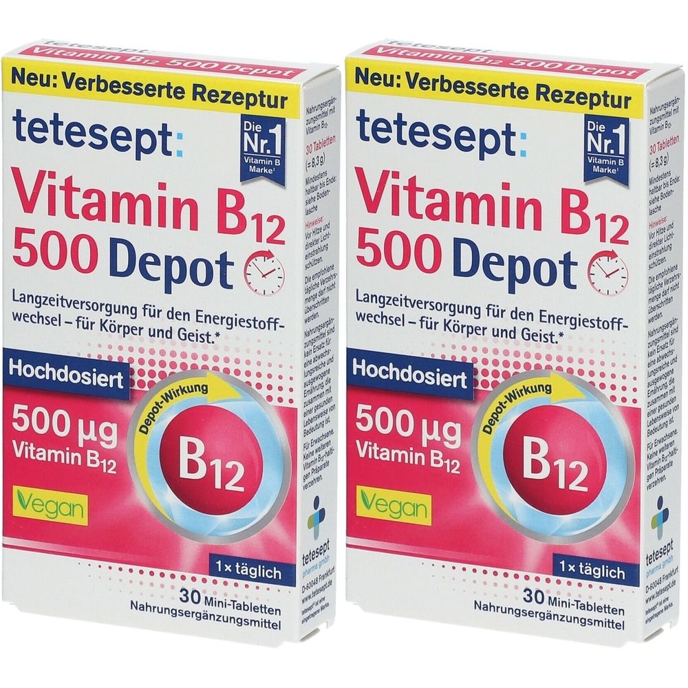 Zwei Packungen tetesept Vitamin B12 500 Depot Filmtabletten. Weiße Schachteln mit roter und blauer Schrift. Enthält 30 Mini-Tabletten.