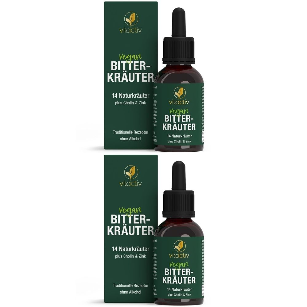 Zwei Flaschen mit Tropfer und grüne Verpackungen. Aufschrift: Vegan Bitter-Kräuter, 14 Naturkräuter, ohne Alkohol.
