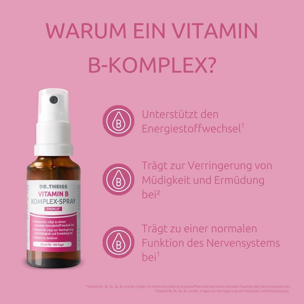 Eine Flasche DR. THEISS Vitamin B Komplex Spray neben Symbolen, die den Energiestoffwechsel und die Verringerung von Müdigkeit erklären.