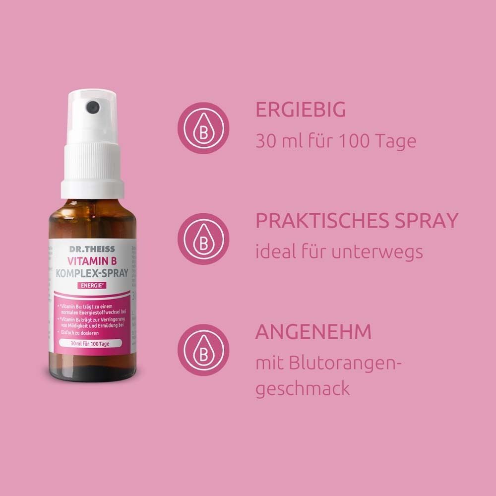 Eine Flasche DR. THEISS Vitamin B Komplex Spray mit Texten zu Ergiebigkeit, praktischem Spray und angenehmem Geschmack.
