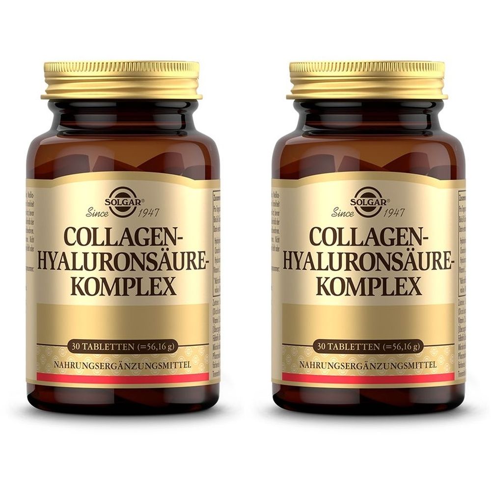Zwei braune Glasflaschen mit goldenen Deckeln. Auf den Etiketten steht "Solgar Collagen-Hyaluronsäure-Komplex". Jede Flasche enthält 30 Tabletten.