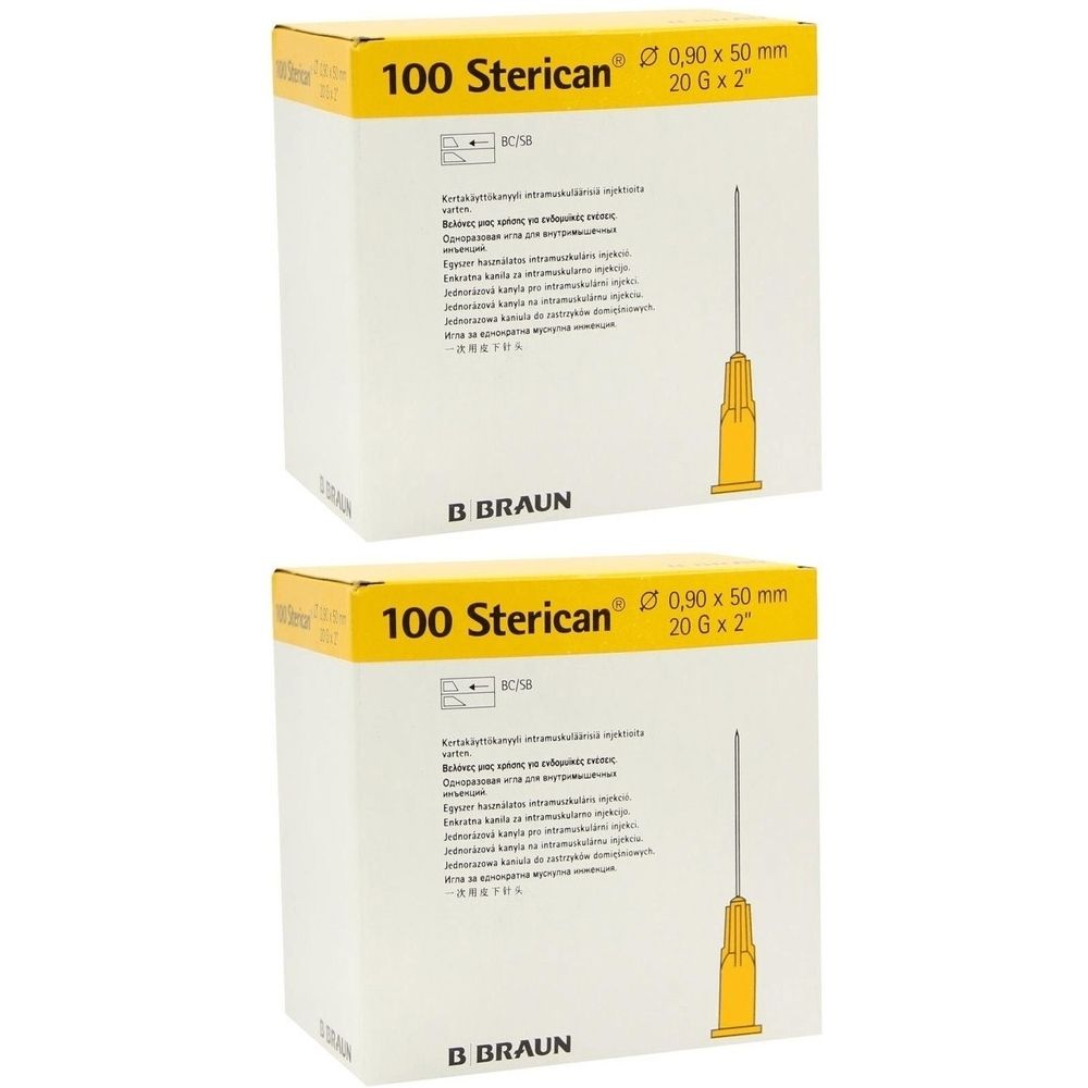 Zwei Packungen mit 100 Sterican Kanülen. Aufschrift: 0,90 x 50 mm, 20 G x 2". Gelbe Spitze. Marke B. Braun.