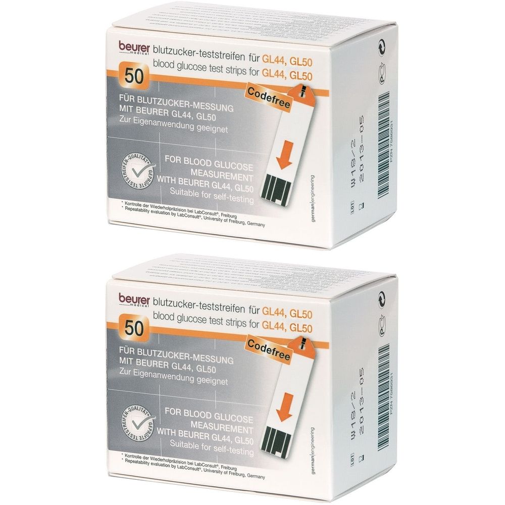 Zwei Packungen Blutzucker-Teststreifen. Aufdruck: Beurer, 50 Stück, Codefree. Für GL44, GL50. Für Blutzuckermessung.
