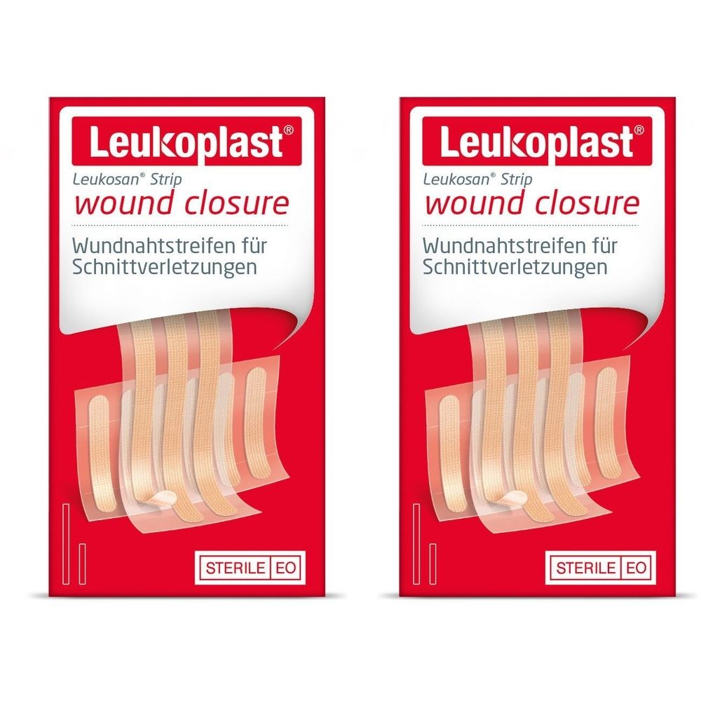 Zwei Packungen Leukoplast® Leukosan® Strip. Rote Verpackung mit Produktnamen und Streifen zur Wundversorgung.