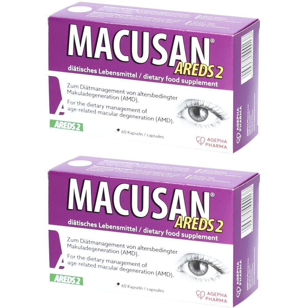 Zwei Packungen MACUSAN AREDS 2. Violette Schachteln mit weißer Schrift. Enthält 60 Kapseln. Aufschrift: diätisches Lebensmittel.