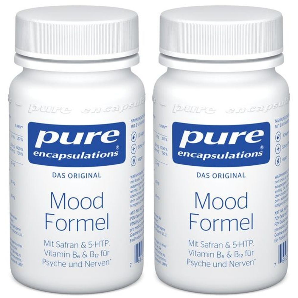Zwei weiße Flaschen mit dem Etikett "pure encapsulations Mood Formel". Blaue Schrift, weißer Deckel.