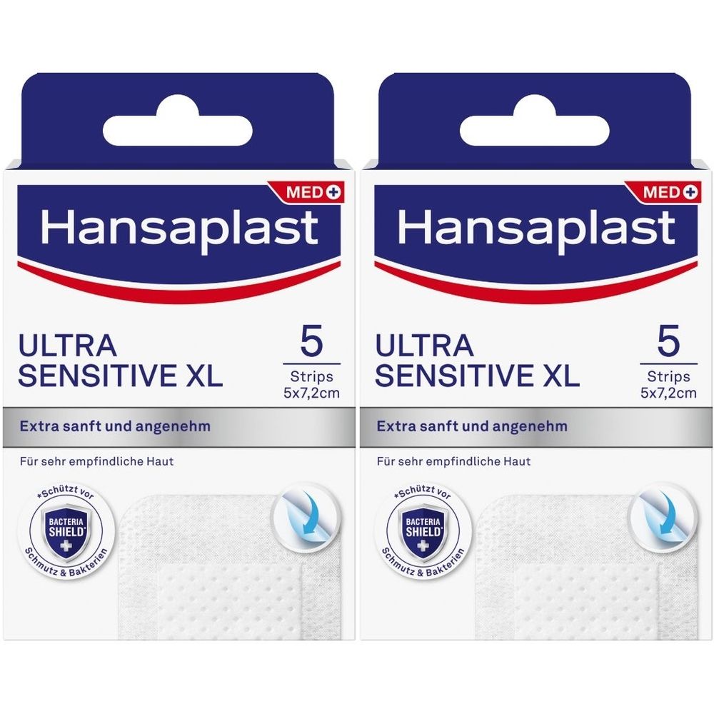 Zwei Packungen Hansaplast Ultra Sensitive XL Wundverband. Jede Packung enthält 5 Strips mit 5x7,2cm. Für empfindliche Haut.