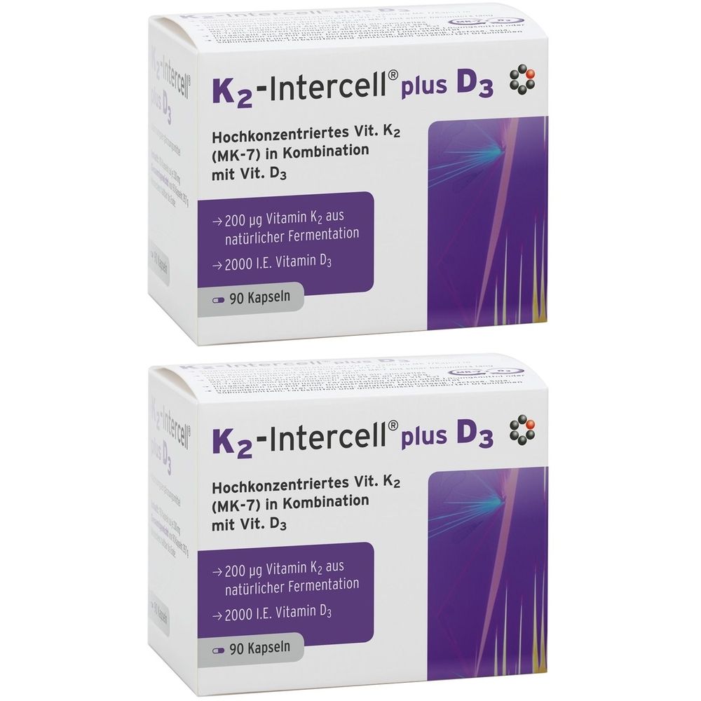 Zwei Schachteln K2-Intercell plus D3. Aufschrift: Hochkonzentriertes Vit. K2 (MK-7) in Kombination mit Vit. D3. Enthält 90 Kapseln.
