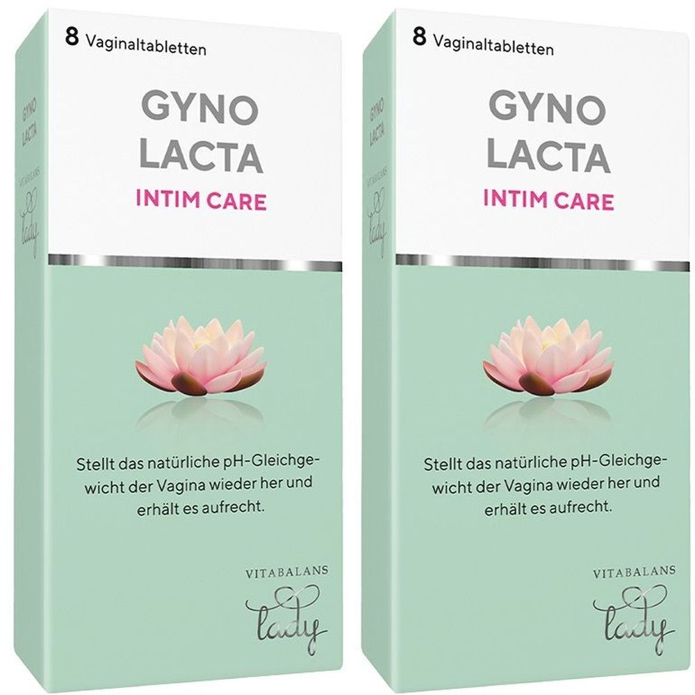Zwei Packungen Gynolacta Vaginaltabletten. Aufschrift: Gyno Lacta Intim Care. Oben: 8 Vaginaltabletten. Abbildung einer Blüte.
