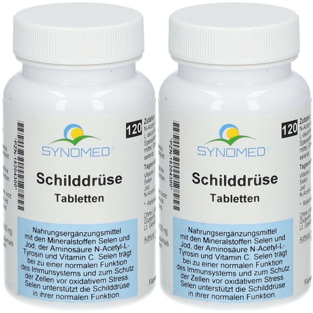 Zwei weiße Tablettenflaschen mit Schraubverschluss. Aufschrift: SYNOMED Schilddrüse Tabletten. Enthält 120 Tabletten. Nahrungsergänzungsmittel.