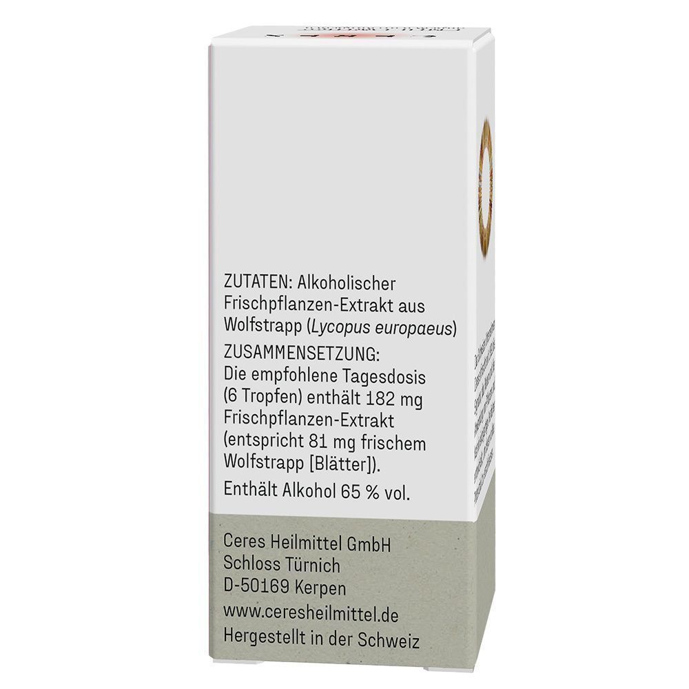 Rückseite der Verpackung von CERES Wolfstrapp Tropfen mit Zutatenliste.