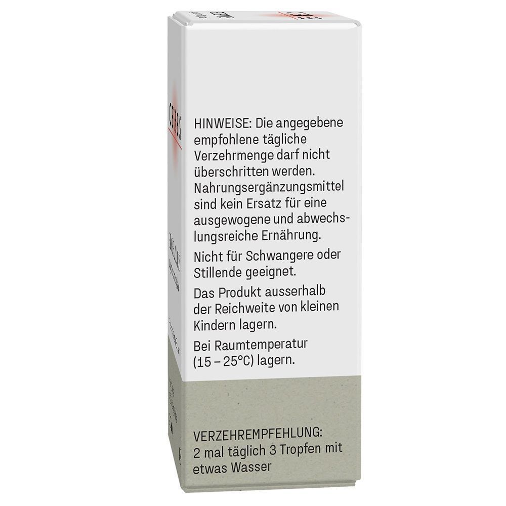 Rückseite der Verpackung von CERES Wolfstrapp Tropfen mit Anwendungshinweisen.