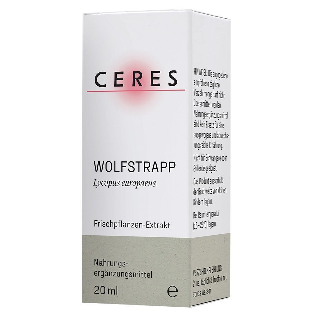 Vorderseite der CERES Wolfstrapp Tropfen Verpackung, 20 ml, mit Anwendungshinweis.