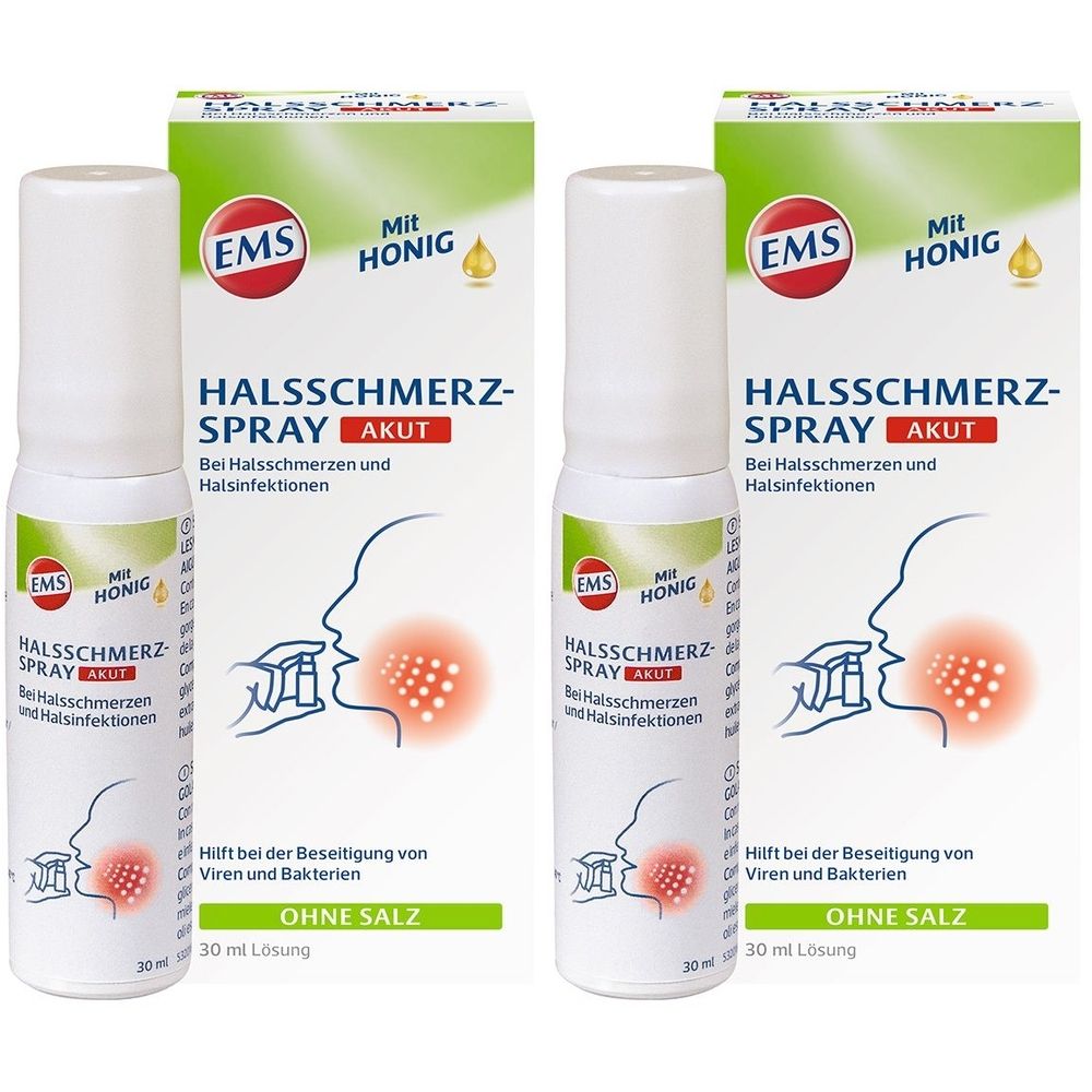 Zwei Flaschen und Verpackungen von EMS Halsschmerz-Spray Akut. Weiße Flaschen mit Sprühkopf, grüne und weiße Verpackung mit Produktnamen.