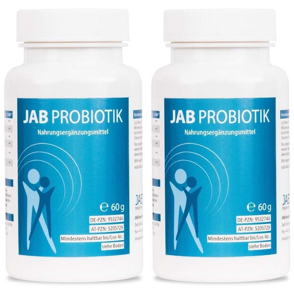Zwei weiße Flaschen mit blauem Etikett. Aufschrift: JAB PROBIOTIK, Nahrungsergänzungsmittel. Enthält 60g. Mit Logo und Haltbarkeitsdatum.