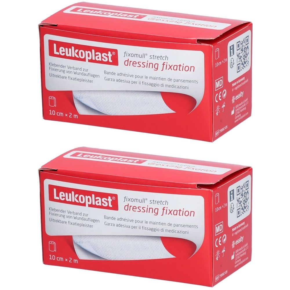 Zwei rote Kartons mit „Leukoplast fixomull stretch dressing fixation“. Aufdruck: 10 cm x 2 m.