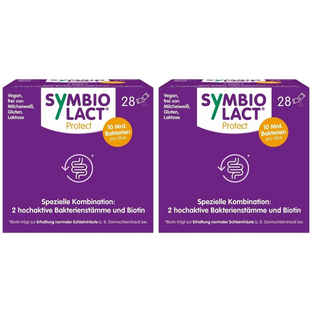 Zwei lila Schachteln mit Produktaufdruck. Aufschrift: SymbioLact Protect, 28 Stück, 10 Mrd. Bakterien. Spezielle Kombination.