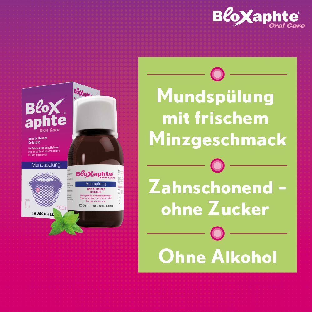 BloXaphte Mundspülung mit Minzgeschmack, zahnfreundlich, ohne Zucker und Alkohol.