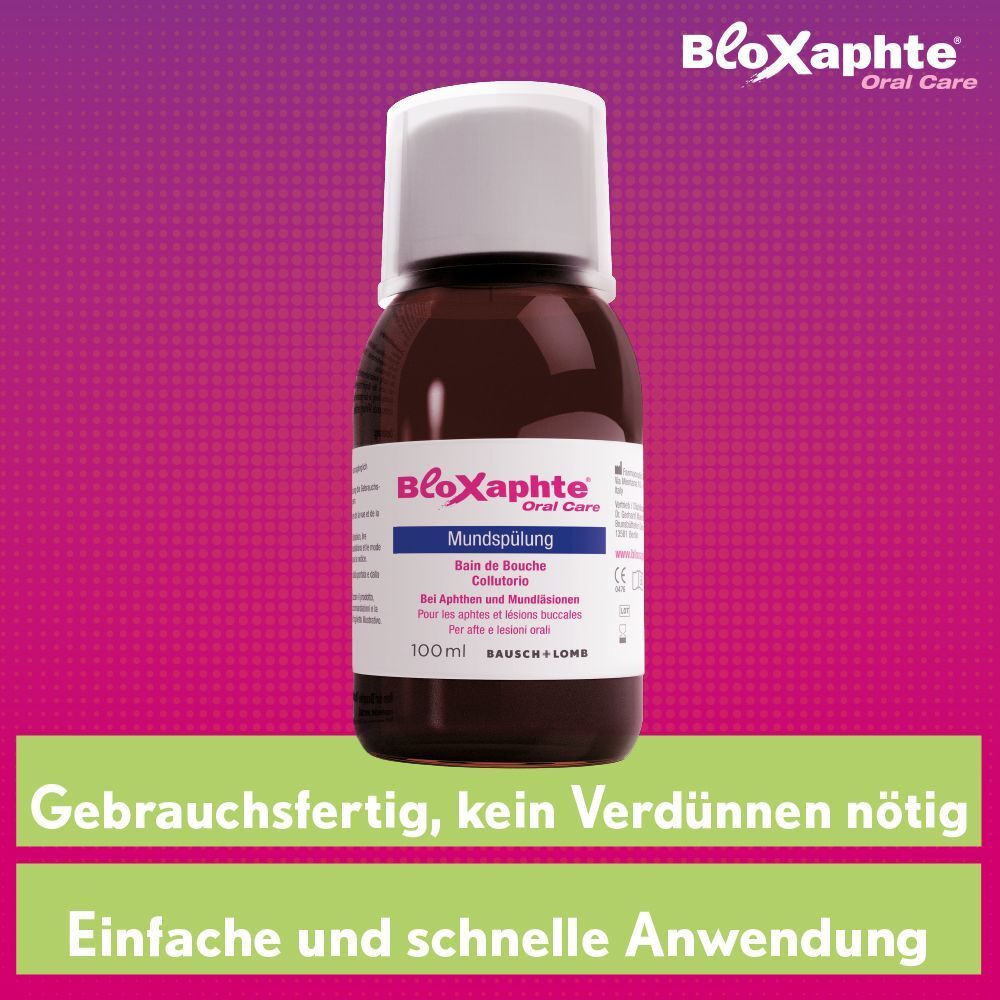 BloXaphte Mundspülung Flasche, gebrauchsfertig, einfache Anwendung.