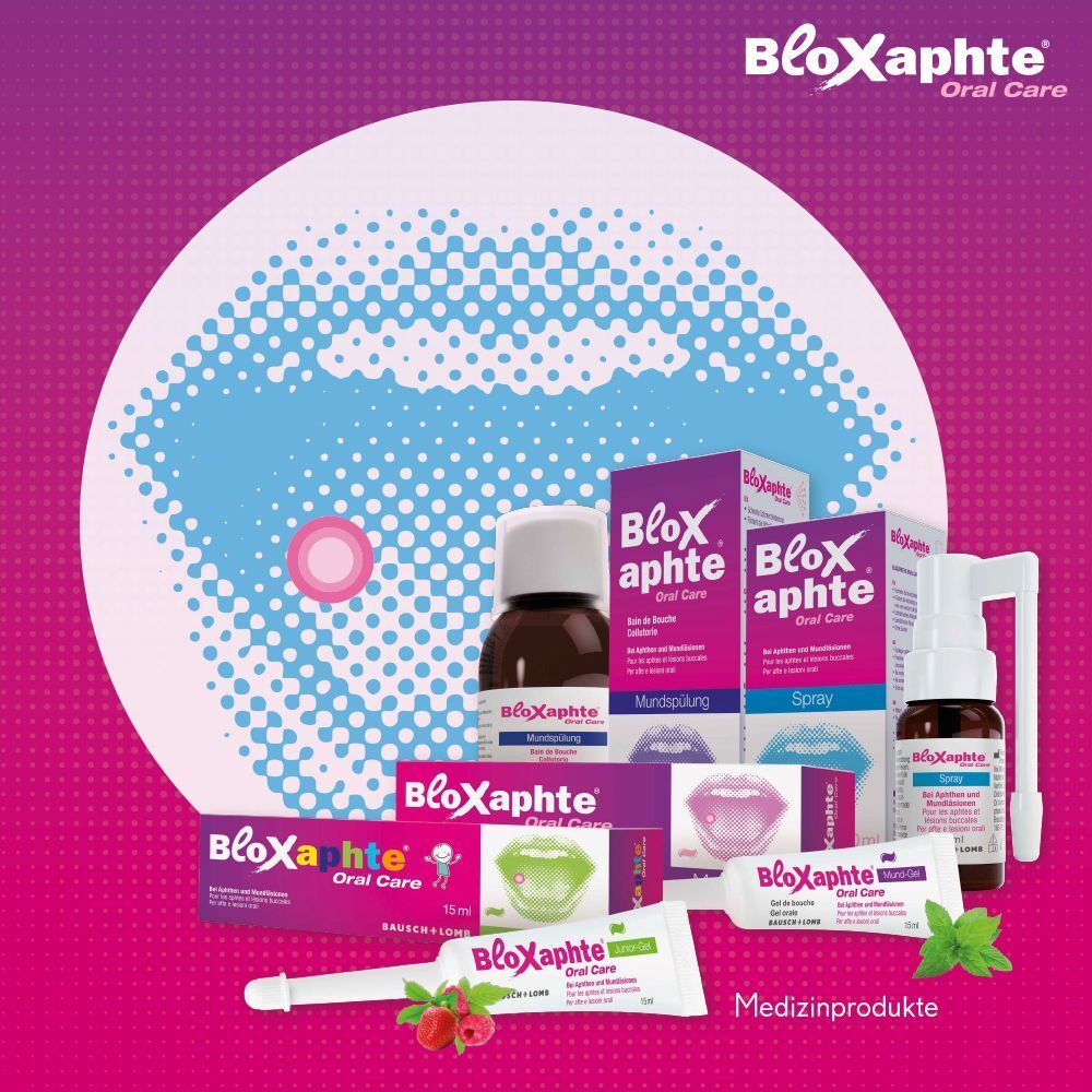 Sortiment von BloXaphte Medizinprodukten: Mundspülung, Spray, Gel.