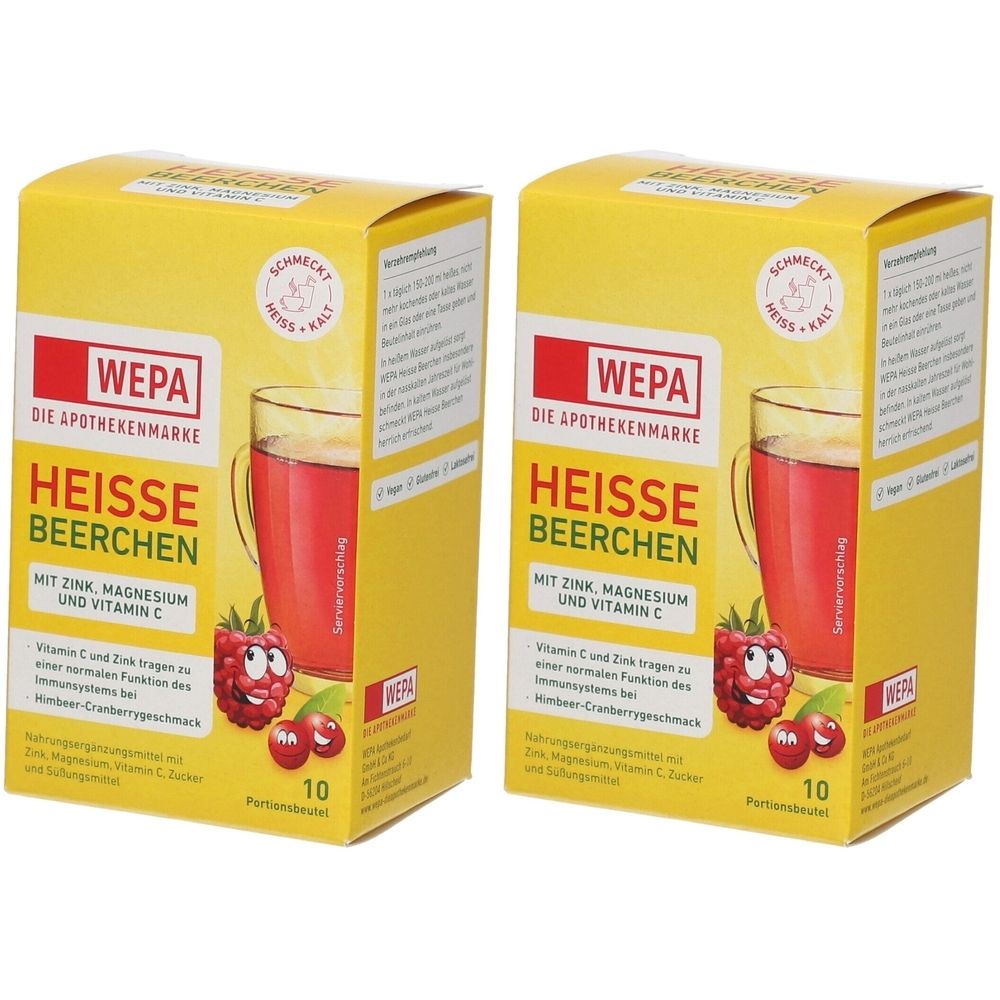 Zwei gelbe Kartons mit "WEPA HEISSE BEERCHEN". Aufdruck: Zink, Magnesium, Vitamin C. Abbildung: Getränk im Glas, Himbeere. 10 Portionen.