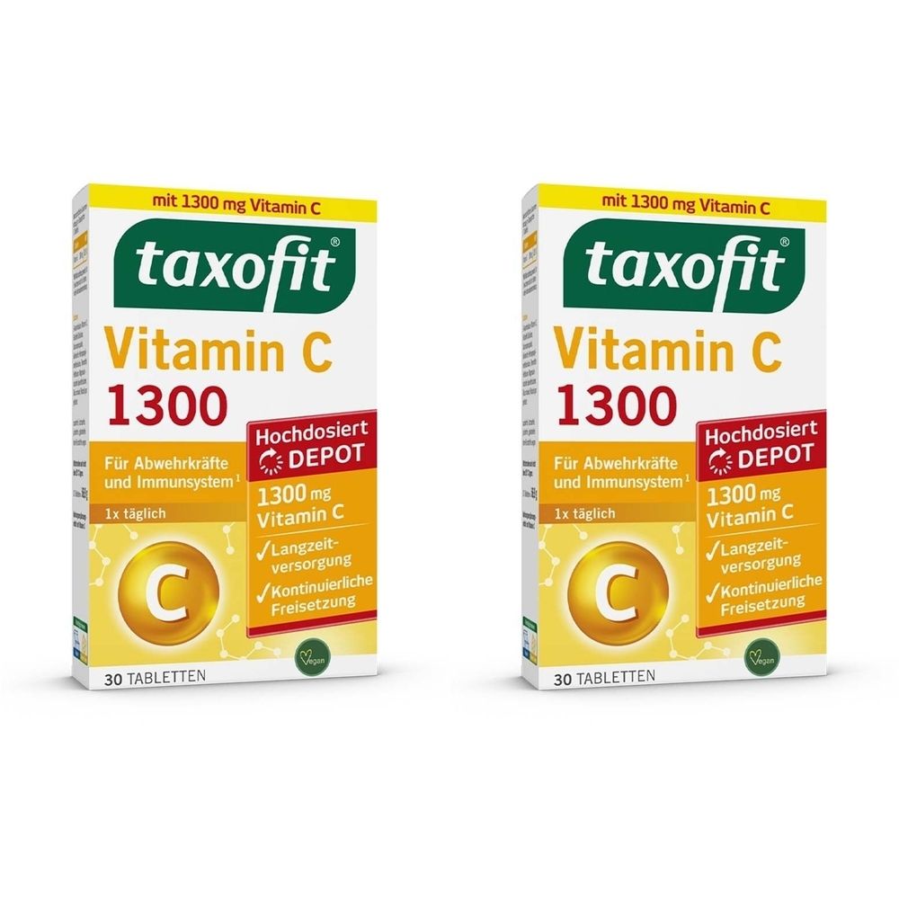 Zwei Packungen taxofit Vitamin C 1300. Weiße Schachteln mit gelben und grünen Akzenten. Aufschrift: Vitamin C 1300, 30 Tabletten.