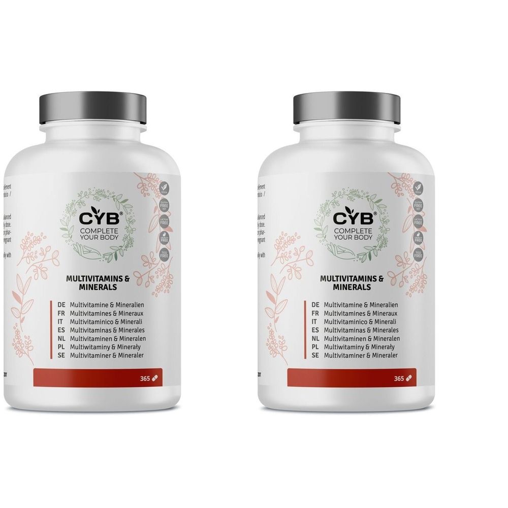 Zwei weiße Flaschen mit grauen Deckeln. Aufschrift: CYB, Multivitamine & Mineralstoffe. Mehrsprachige Produktinformationen.