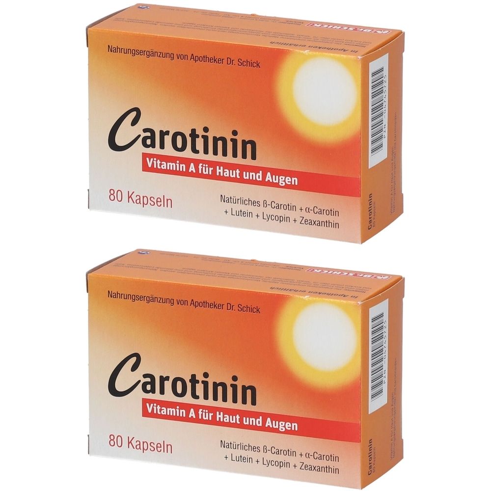 Zwei orangefarbene Schachteln mit der Aufschrift "Carotinin", "Vitamin A für Haut und Augen" und "80 Kapseln".