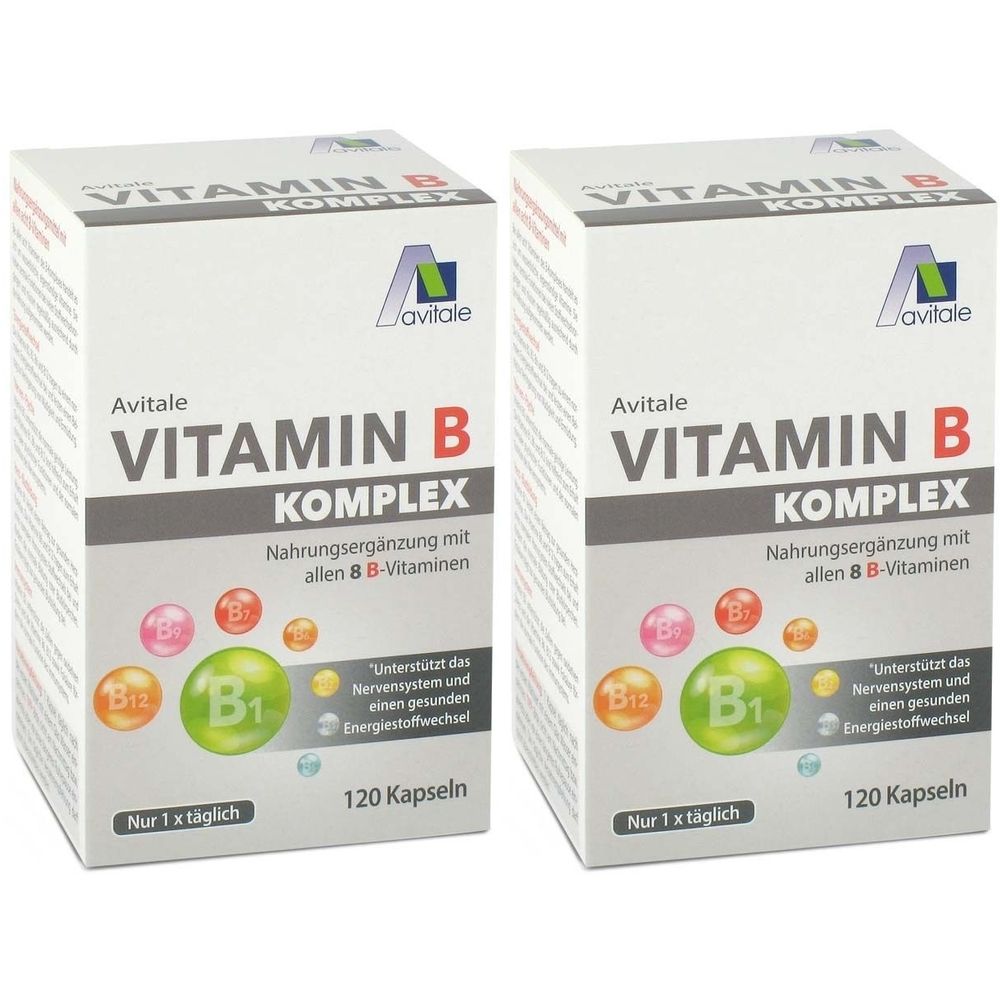Zwei weiße Kartons mit "Avitale Vitamin B Komplex". Text: Nahrungsergänzung mit allen B-Vitaminen. Enthält 120 Kapseln. Aufschrift: Nur 1 x täglich.