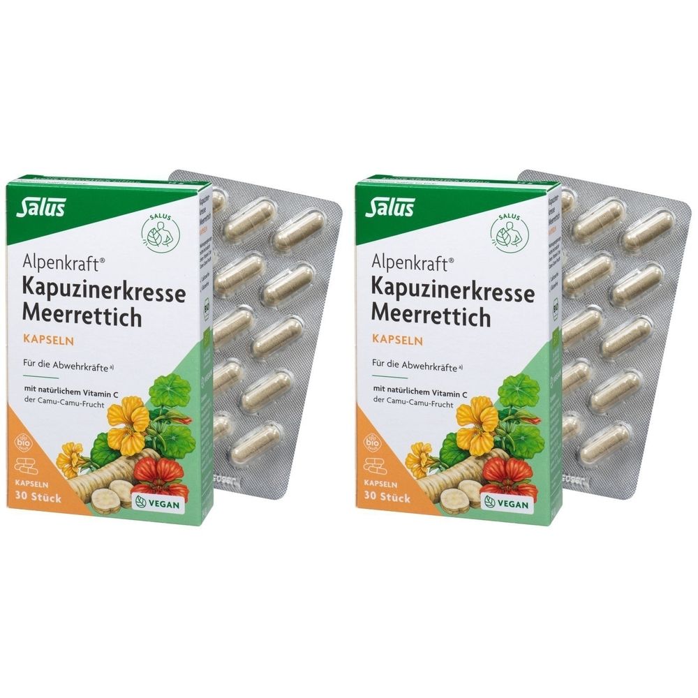 Zwei Schachteln und Blisterpackungen mit Kapseln. Auf den Schachteln steht "Salus Alpenkraft Kapuzinerkresse Meerrettich".